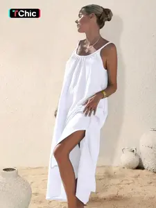 New Beach Sleeveless Long Dress, Loose, Side Slit Design, Ruched Details, Spaghetti Strap, Summer Vacation Style, Casual Wear