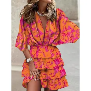 Good Vibrant Tropical Print V-Neck Dress for Women - Elegant Batwing Sleeve, Ruffled Hem, Lightweight Polyester Summer Dress with Belt Detail, Resort Attire|Bohemian Style Dress|Glossy Fabric