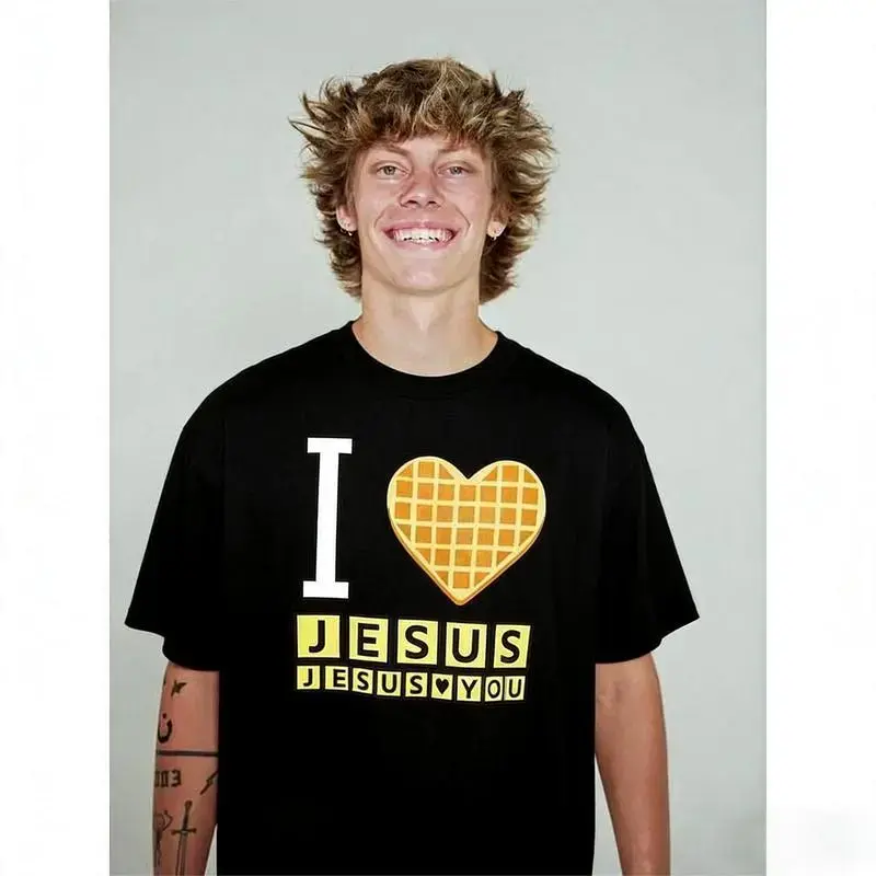I Love Jesus Jesus Love You Waffle  Shirt, Bryce Crawford Merch, Christian Apparel Graphic Tee, Funny Christian Breakfast T-shirt, Unisex Casual   Inspirational Quote TShirt, TikTok Viral Unisex Com
