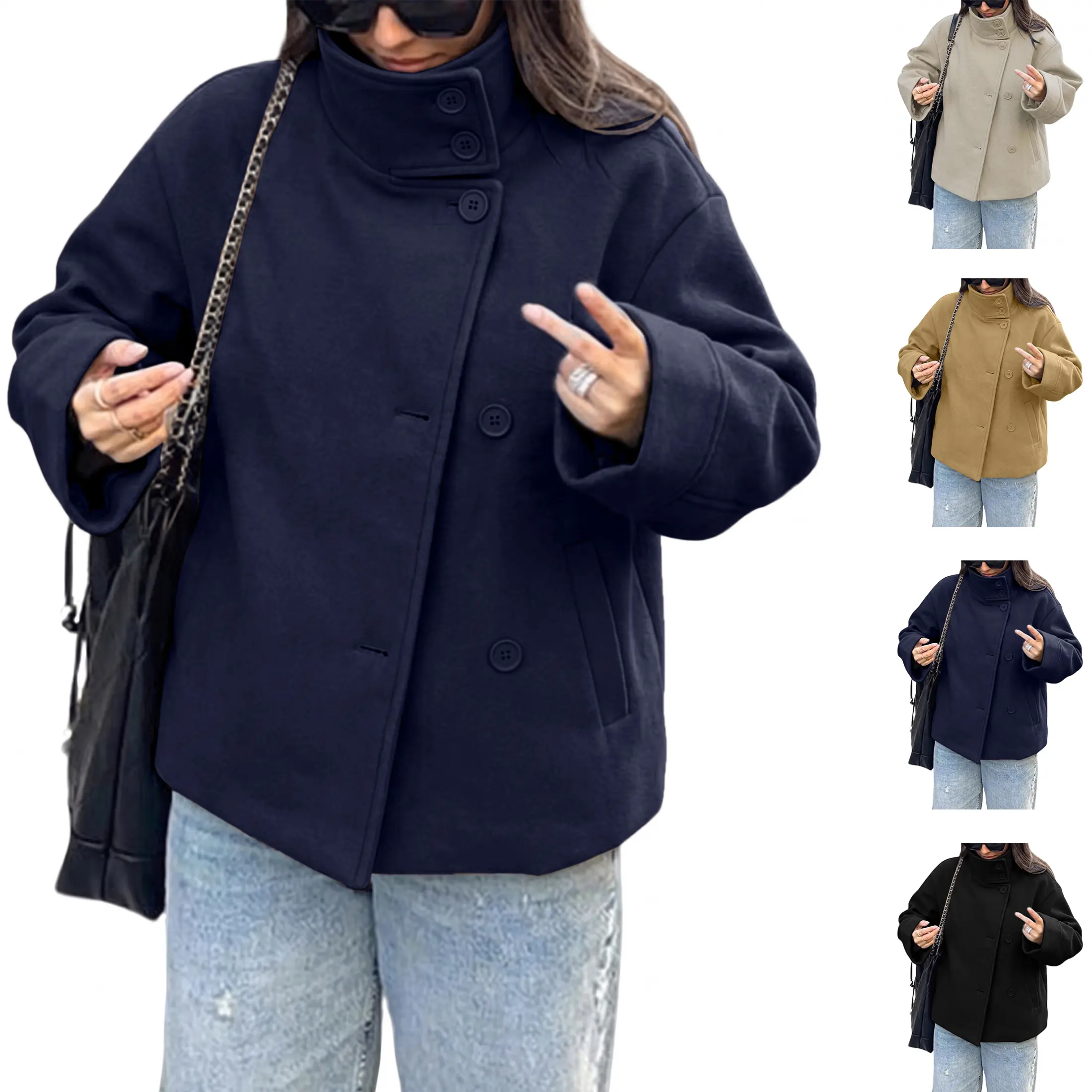 Buenoble Women Oversized Stand Collar Short Wool Blend Pea Coat Loose Double Button Minimalist Winter Casual Outerwear Jacket