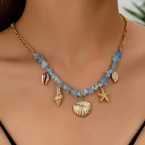 Women's Gold Starfish Shell Necklace, Bohemian Layered Seashell Pendant Necklace with Charming Summer Beach Vacation Style