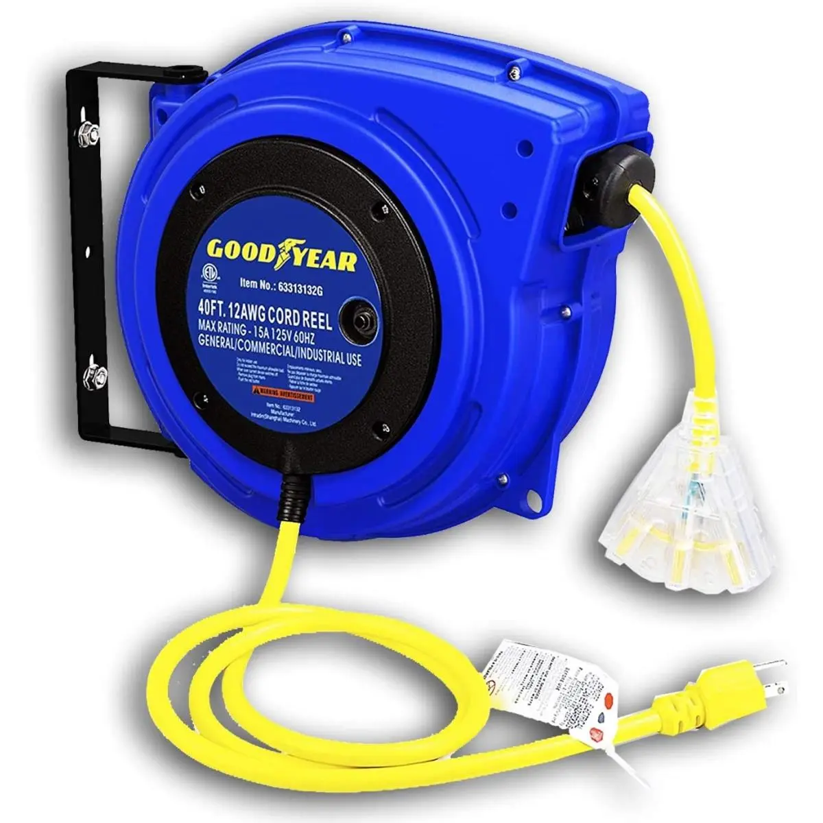 Goodyear Retractable Extension Cord Reel - 40 ft, 125VAC, 15A, 1875W, 13 lbs, 2 Non-Snag Rollers, Adjustable Cable Stopper, Indoor Use, Kinking-Resistant (Home Improvement Electrical Equipment & Supplies), 15A 125Vac, Polypropylene