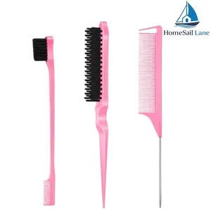 3 Pcs Slick Back Hair Brush Set, Rat Tail Comb, Bristle Brush for Girls, Kids, Toddlers, Edge Control, Smooth Baby Hair & Flyaways, Care Kit, Babies Kit, Comb Type