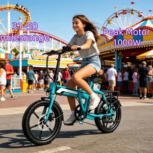EF2 Foldable electric bicycle for adults and teenagers 1000W peak motor, top speed up to 20mph, cruising range of about 50 miles, front and rear disc brakes, Three-step folding for easy travel sport bike ebike