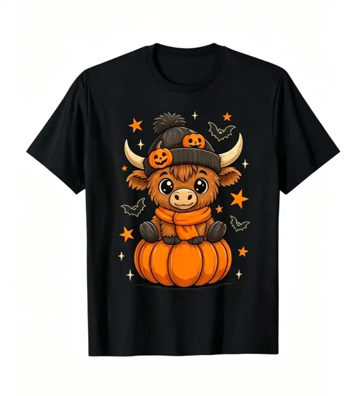 Halloween-themed T-shirt with Adorable Cow Design in Pumpkin and Star Motif for Festive Wear