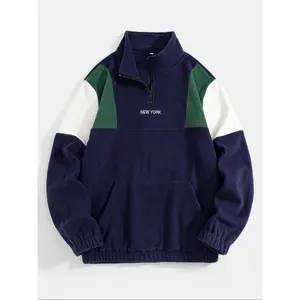 Color Block Fleece Pullover with Embroidered Letters, Men's Half Zip Warm Sweatshirt for Casual & Outdoor Sports, Stylish Streetwear for Daily Wear