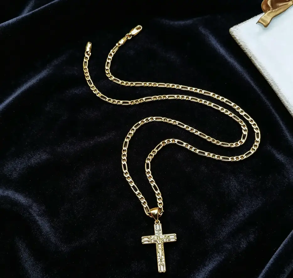 14K Gold Plated Cross Necklace for Women Men, Waterproof Hypoallergenic Jesus Crucifix Pendant, Cubic Zirconia Figaro Chain Necklace, Tarnish Resistant Faith Jewelry | Meaningful Religious Gift for Baptism, Confirmation & Easter