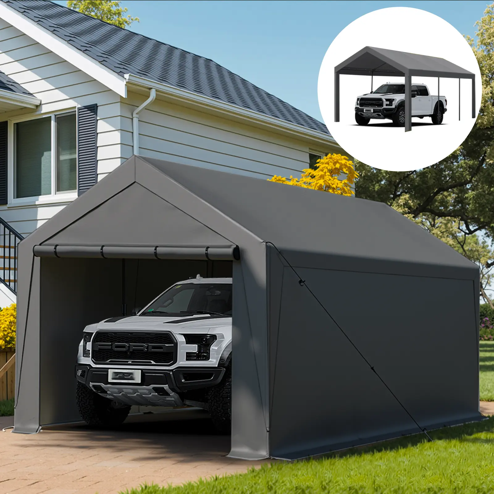 10x20ft Heavy Duty Steel Carport - 2-in-1 Portable Garage with Removable Sidewalls, Doors & All-Season Tarp for Vehicle, Boat, Truck, Outdoor Party, Patio Furniture,home decor,camping essentials