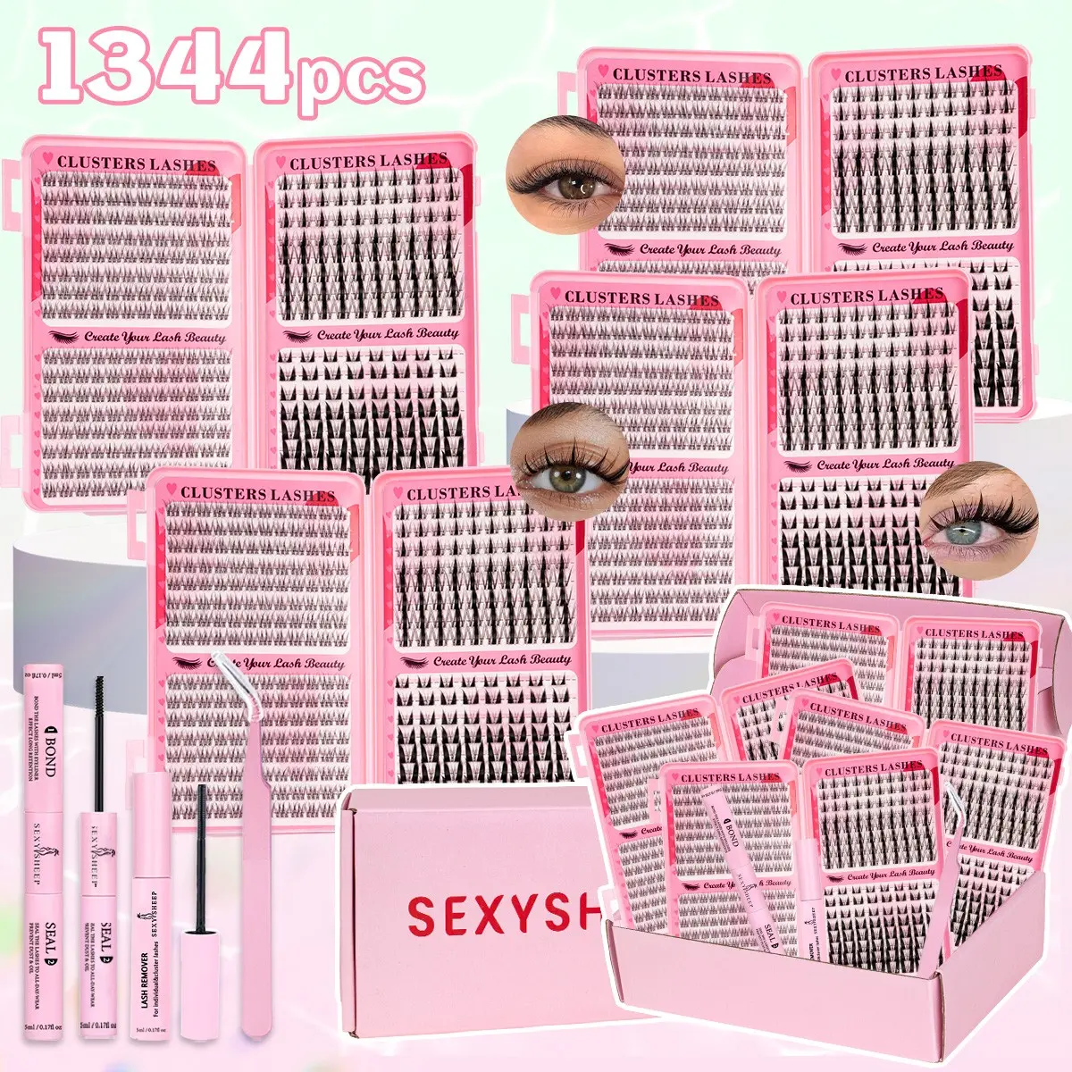 3 style Mixed Lashes Clusters Kit, Makeup Lash Clusters, 1344Pcs Manga&Bunny&Wispy Lash Clusters, C/D Curl Volume Lashes Clusters Kit, Mixed Length, Volume Eyelash, DIY False Eyelash Extensions Kit, Includes Bond&Seal&Remove&Eyelash Tweezers