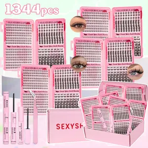 3 style Mixed Lashes Clusters Kit, 1344Pcs Manga&Bunny&Wispy Lash Clusters, C/D Curl Volume Lashes Clusters Kit, Mixed Lenghth, DIY False Eyelash Extensions Kit, Includes Bond&Seal &Remove&Eyelash Tweezers, Eyelash Extensions Set