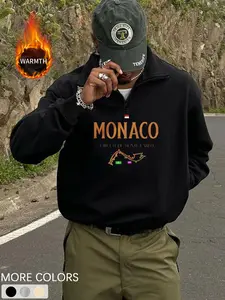 Unisex Vintage Racing Style Hoodie, Loose Fit Half-Zip Stand Collar, Monaco/monte Carlo Track Graphic Print, Fall & Winter Casual Fashion Sportswear Top, Casual Sporty Sweatshirt