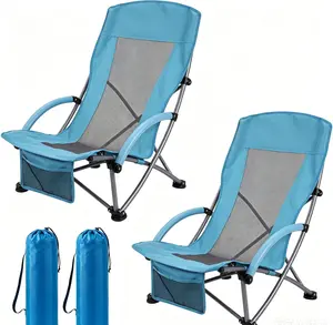 High Beach Chair 2 Pack, Folding Portable Beach Chairs for Adults with Cup Holder, Storage Pocket & Carry Bag for Camping, Beach, Travel