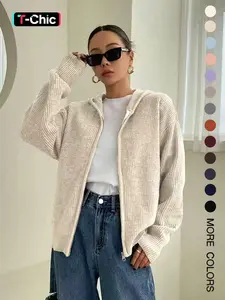 Women's Solid-Color Zip-Up Hooded Cardigan, Casual Fit Basic Long Sleeve Knitwear for Fall & Winter, Ladies' Fashion Sweater for Daily Wear