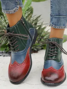 Women's Vintage Colorblock Boots, Mid-Calf PU Leather Shoes, Comfortable Warm Rubber Sole, Fashion Spring Autumn Footwear, Patchwork Design Boots