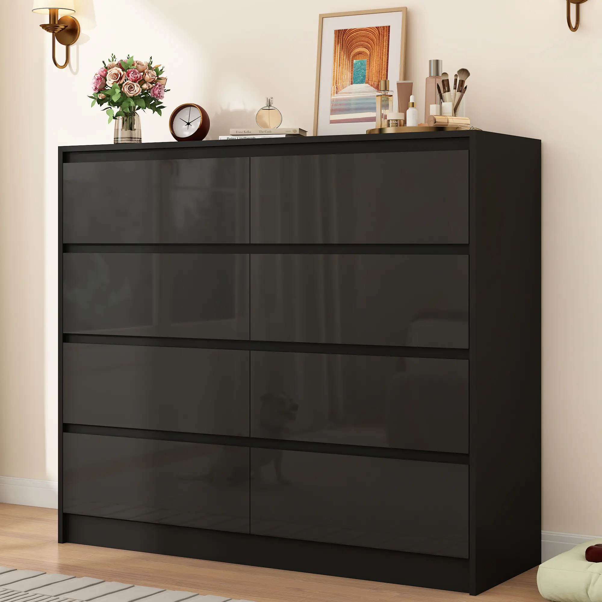 Minimal White 8-Drawer Bedroom Dresser Furniture - High-Gloss Finish, Handle-Free Design, Sturdy Frame Cabinet for Bedroom, Living Room, Dressers, Drawer Organization