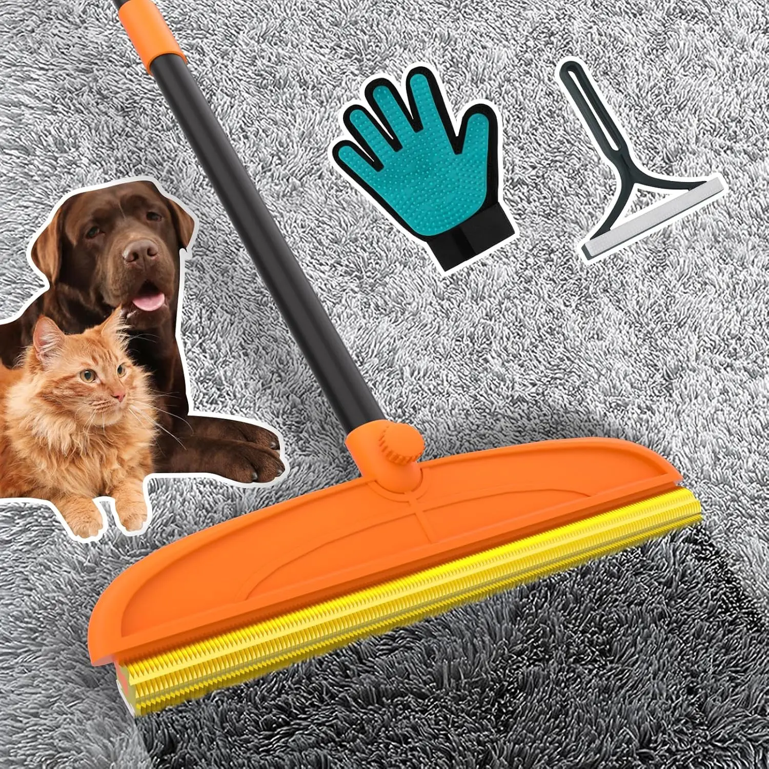 3-in-1 Copper Bristle Carpet Rake Broom with 5ft Extra-Long Adjustable Handle, Durable Cost-Effective Indoor Home Cleaning Tool for Lint Removal, Daily Cleaning on Rugs, Beds