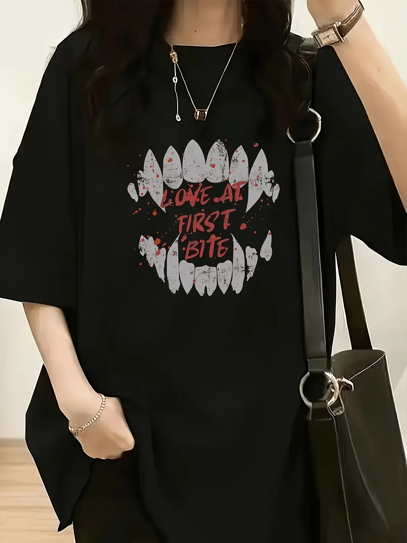 Men'S And Women'S Gothic Vampire Fangs LOVE AT FIR unisex soft cotton short sleeve t shirt, vintage graphic casual tee for men women teens, perfect birthday holiday gift for camping travel gym daily street casual wear