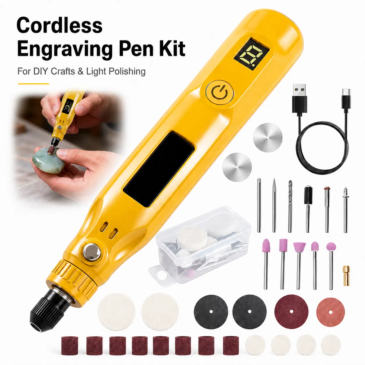 Cordless Rechargeable Engraving Pen Rotary Tool Set - Light Power Tool Kit with Variable Speed, Small Design, Batteries, Wood/Plastic Bands, Stones Grinding Attachments for Craft Room Jewelry Engraving