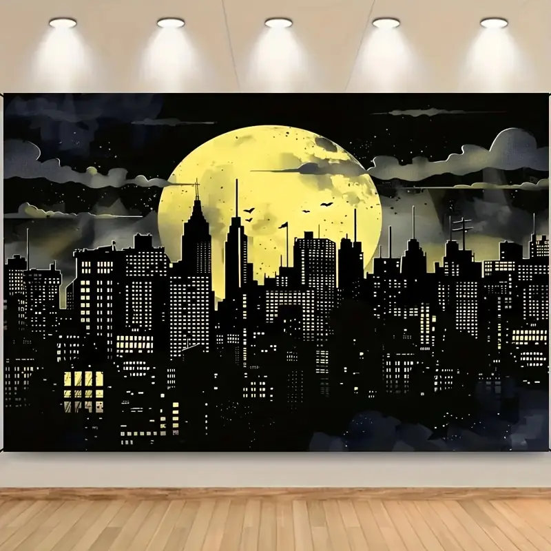 Vibrant Superhero City Skyline Backdrop - Moonlit Night with Bats, 100% Polyester Canvas - Perfect for Photography, Parties & Home Decor, Photography Background |     Dramatic Night Scene |     Easy Setup Backdrop, Superhero Party Decorations