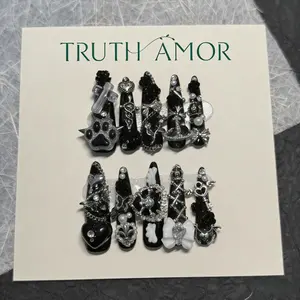 TRUTH AMOR Viral Dark Kawaii Pink-Black Gradient Cross Bear Rhinestone Handmade Press-On Nails | Removable Daily Party Date Gift Nails Handmade Reusable Nails