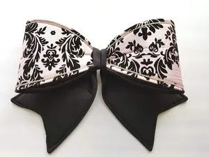 Pink Black Flocked Damask Fabric Bow