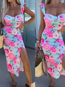 Women's Plant Floral Print Bodycon Dress with Side Zipper, Backless Design, Ruffled Strap, Elegant Style and Trendy Party and Vacation