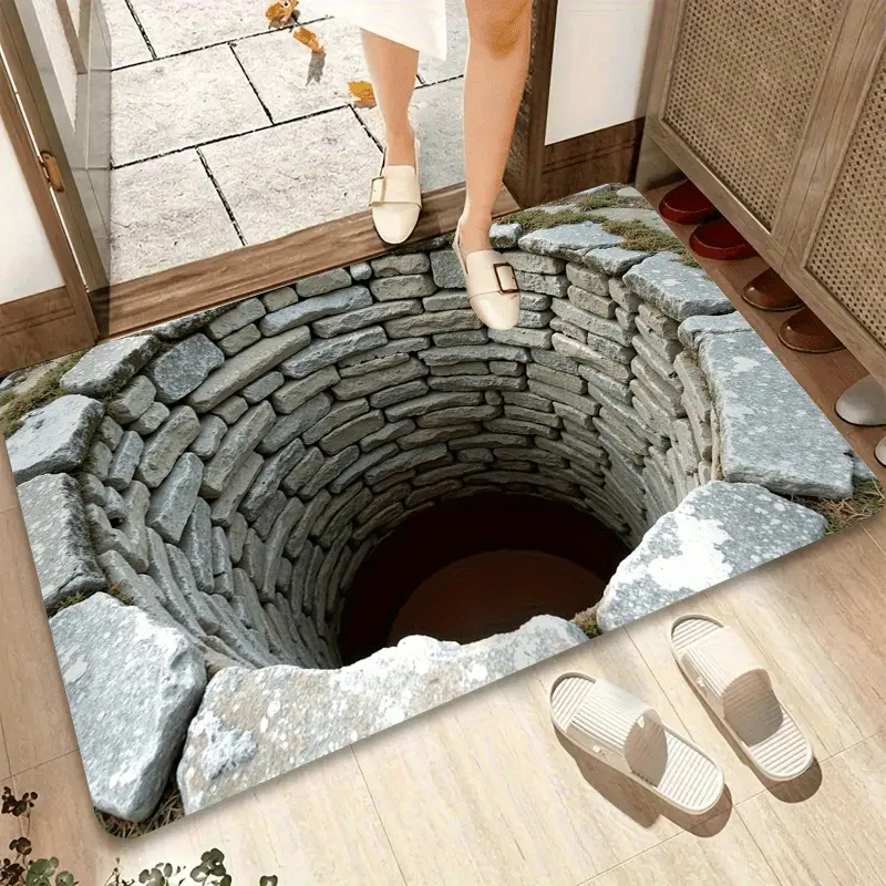3D Optical Illusion Stone Deep Hole Flannel Doormat, Realistic Cave Pit Visual Trick Floor Rug, Funny Scary Illusion Entryway Mat, Non Slip Washable Indoor Front Door Carpet, Novelty Prank Decor Gift For Home Entrance Kitchen Garage