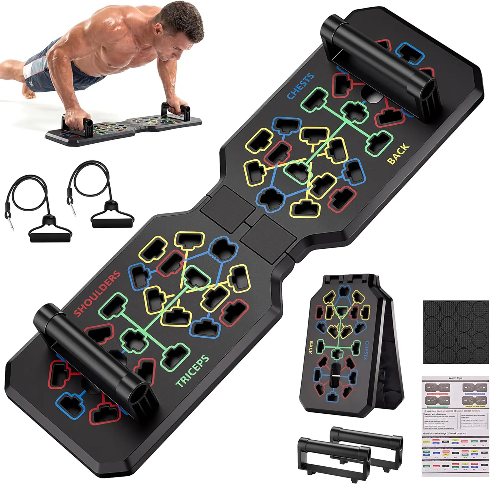 Push Up Board with Anti-Slip Bottom, Compact and Easy to Store Home Workout Equipment Set Includes Resistance Bands for Efficient Upper Body, Core and Abs Training