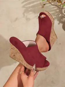 Women's Cork Wedge Mules, All-Season Suede Peep-Toe Slides for Vacation