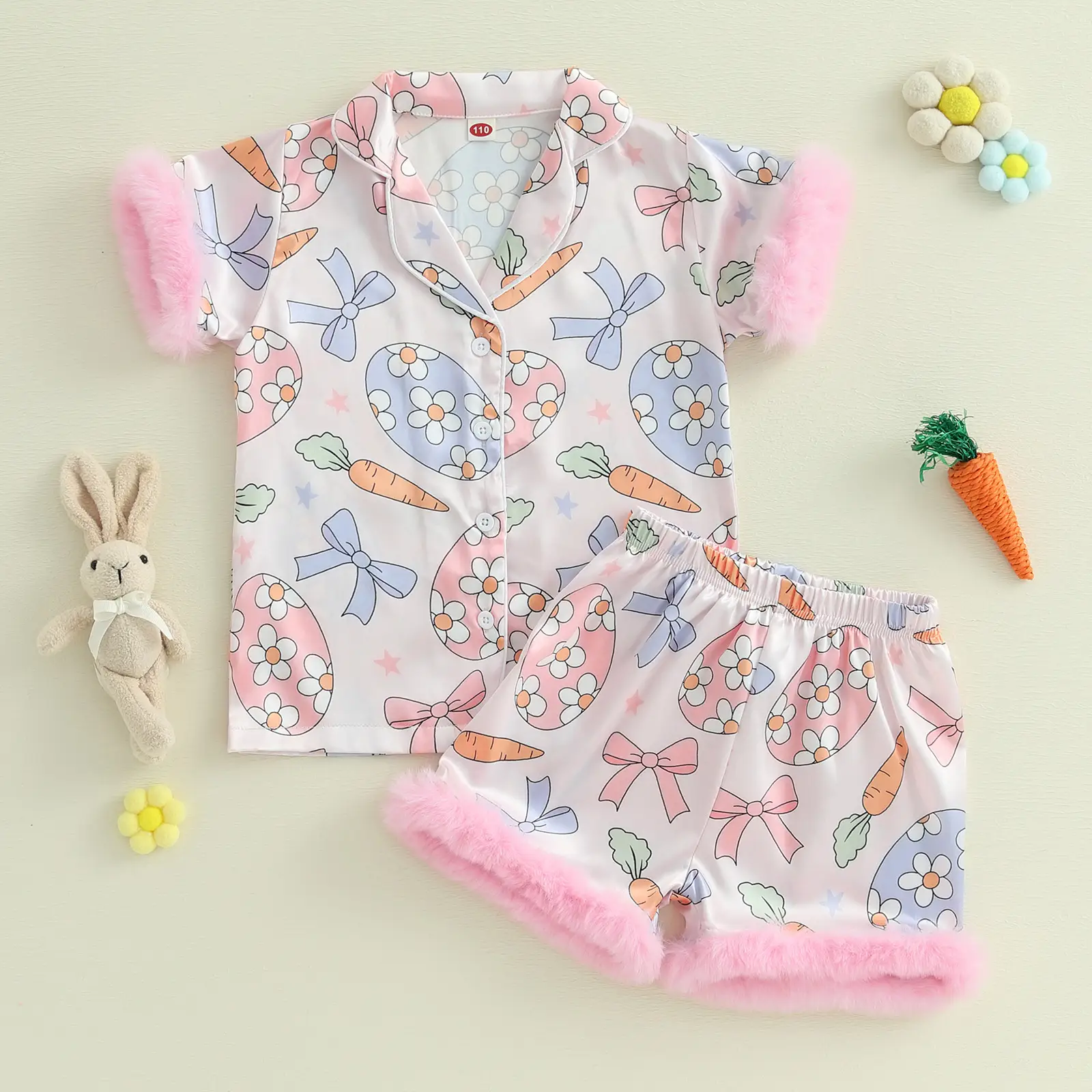 Kids Girls Easter Pajamas Set Easter Eggs Carrot Print Short Sleeve Shirts Tops Elastic Waist Shorts 2 Pieces Lounge Suit