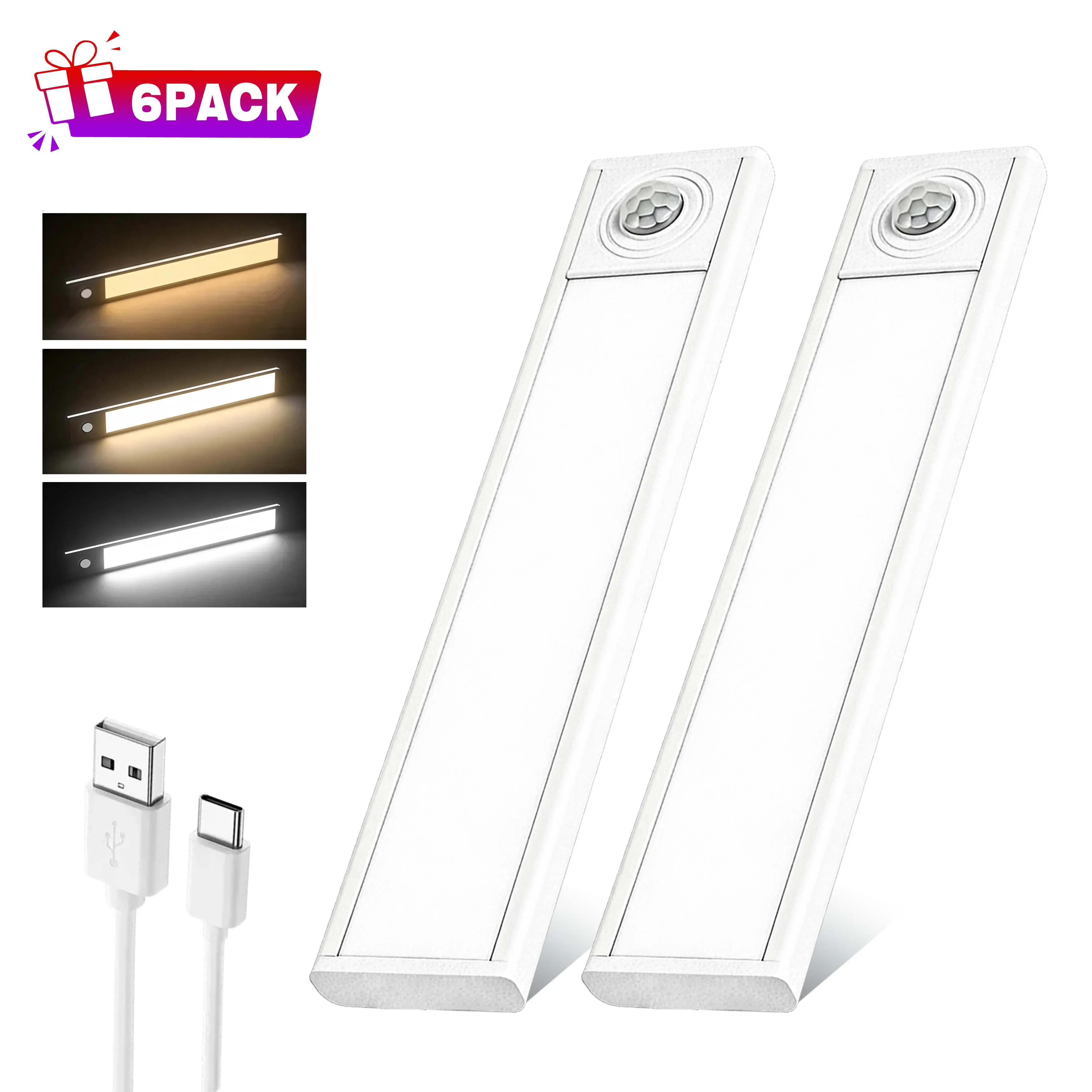 LED Motion Sensor Under Cabinet Light, Waterproof USB Rechargeable Strip Lamp, Wall Mount Indoor Night Light for Kitchen, Bathroom, Stairs, Closet and Garage, Soft Ambient Home Decor Lighting