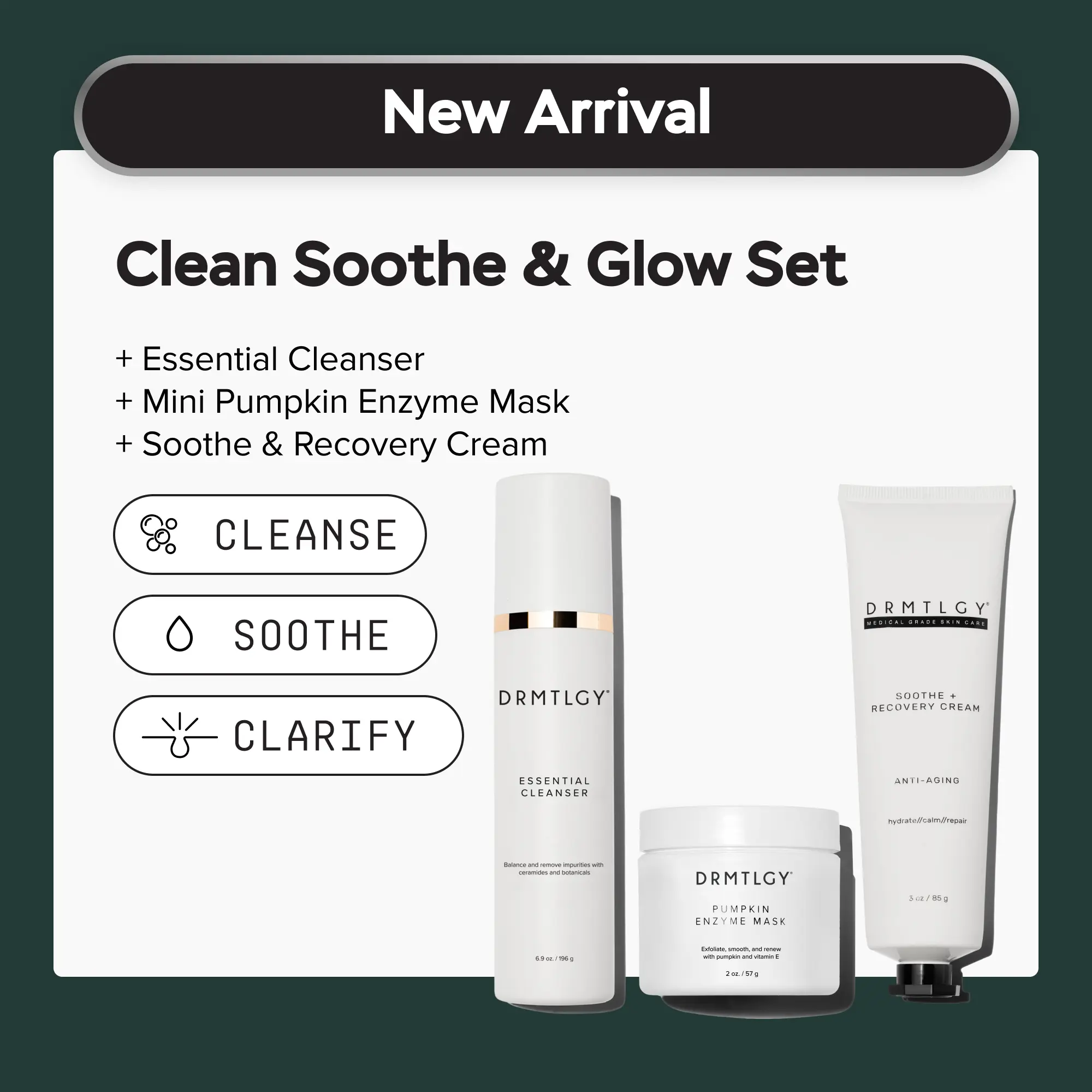 Clean Soothe & Glow Set: Includes Mini Pumpkin Enzyme, Essential Cleanser, and Soothe and Recovery Cream. Refine Skin Texture and Restore Hydration.