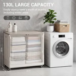 Large Flip-Top Laundry Storage Box, 73 Compartment Plastic Organizer, Collapsible Rolling Dustproof Laundry Hamper with Lid, Space-Saving Storage Bin