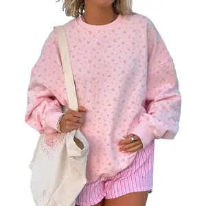 Women Oversized Ditsy Floral Crewneck Sweatshirt Lightweight Fleece Drop Shoulder Pullover Y2K Aesthetic Fall Outfits