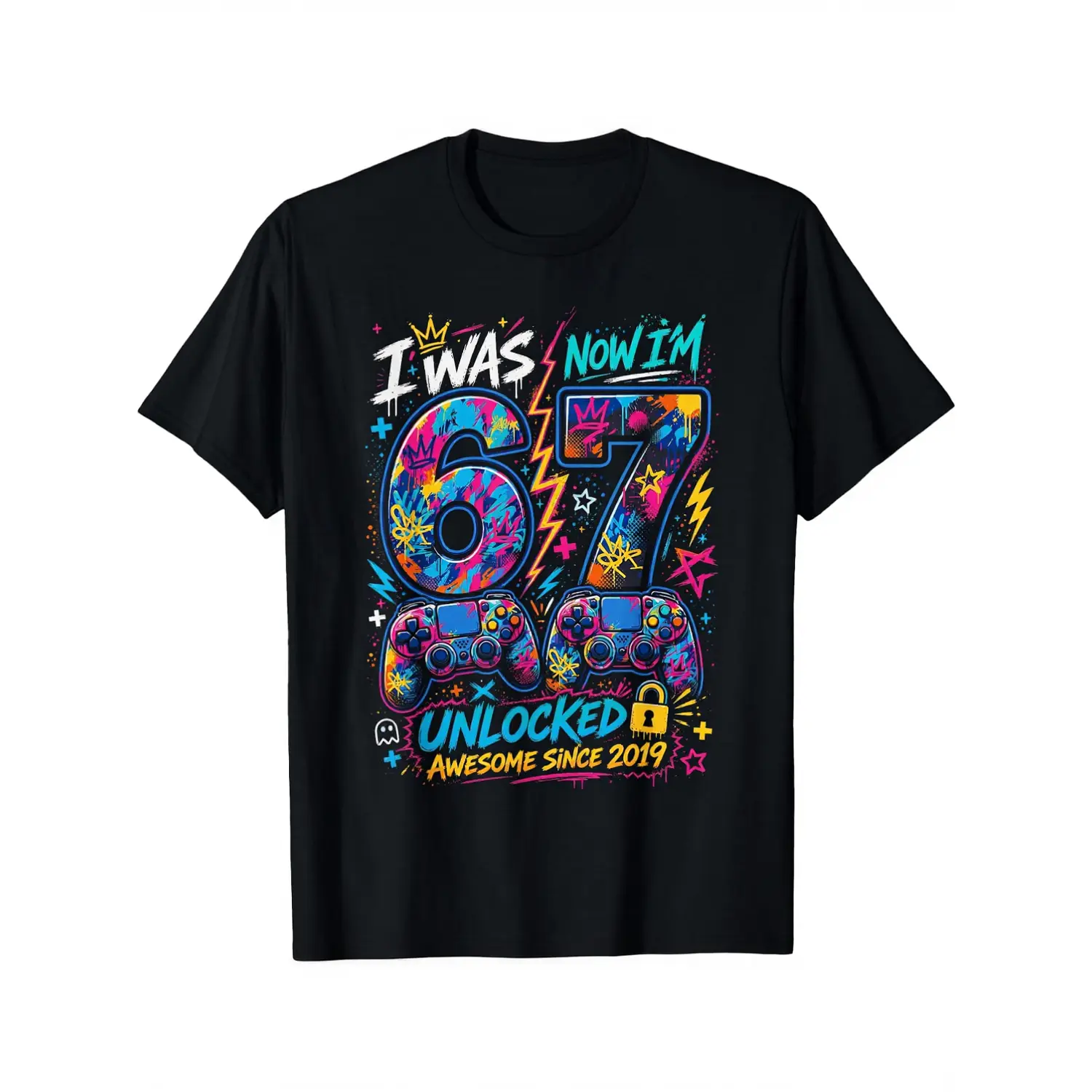 Unisex 100% Cotton 67 Meme Funny Graffiti Style Birthday Gamer T-Shirt, Men's Streetwear Tops