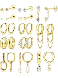 13Pairs Gold Earrings Stacks Earring Stacking Set for Women Dainty Huggie Hoop Earrings Hypoallergenic 14k Gold Plated Flat Back Stud Cartilage Earring Sets for Multiple Piercing Pack