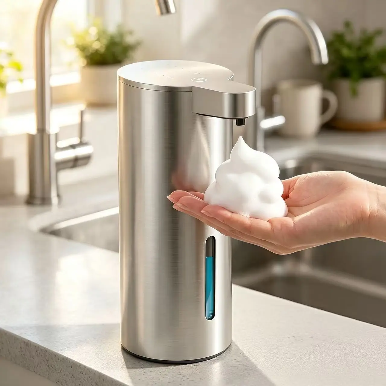 Stainless Steel Touchless Automatic Foaming Soap Dispenser, 360ML Visible Tank, IP67 Waterproof, Type-C Rechargeable, Wall Mount & Countertop for Bathroom & Kitchen