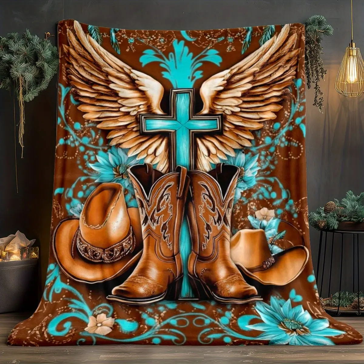 Western Cowboy Angel Wings & Cross Print Flannel Throw Blanket - Soft Warm All-Season Blanket for Sofa, Travel, Camping, Bed - Fantasy Western Decor with Vibrant Digital Print, 280GSM Flannel, Durable & Cozy