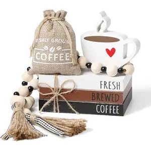 Coffee Bars Decor, 6 PCS Coffee Bar Decorations,Mini Wooden Book Stacks with Bead Garland, Coffees Bar Accessories for Tiered Tray,Table,Shelf,Rustic Farmhouse Home Decor