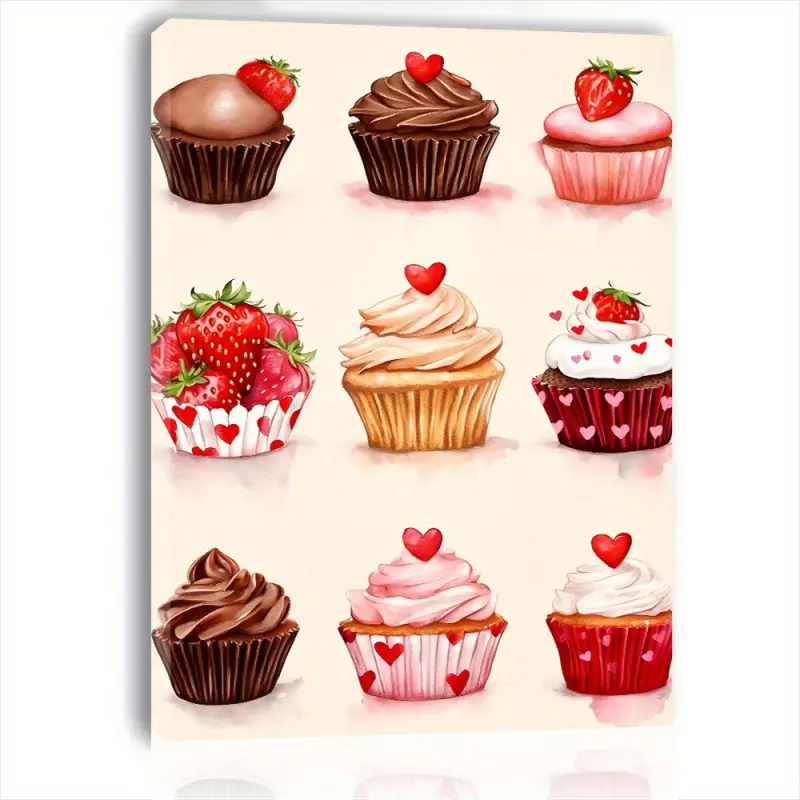2D Flat, 1 Piece Sweet Cupcake Wooden Frame Canvas Wall Art - Hangable, Bright Chocolate, Strawberry and Heart-Shaped Decorative Dessert Painting, Suitable for Kitchen and Living Room Decoration, Ideal Gift for Her or Him, Indoor Decoration, Fun Design, H