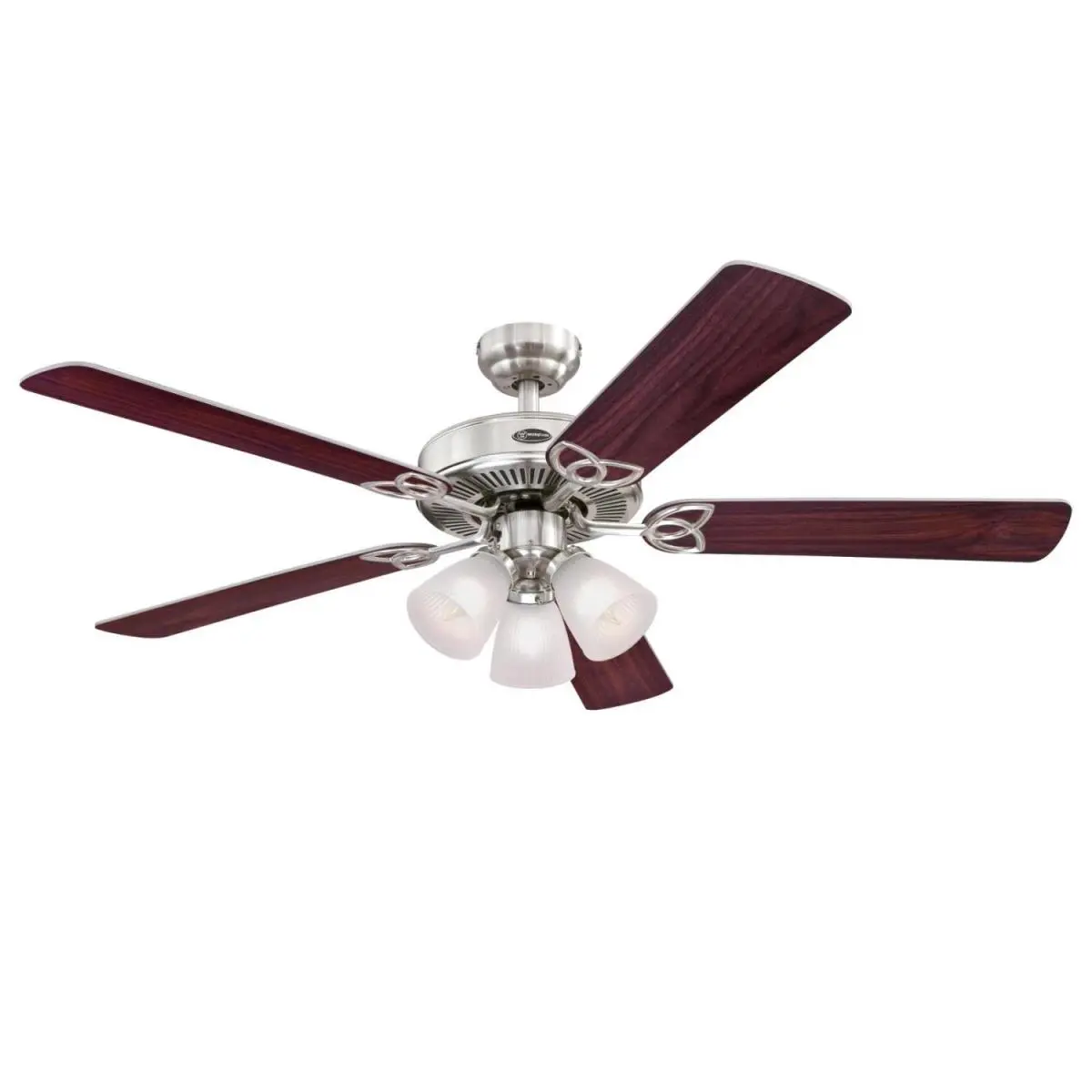 Westinghouse 52 in. Vintage Indoor Traditional-Contemporary Ceiling Fan with LED Lights Combo, Brushed Nickel, Reversible Rosewood-Light Maple MDF Blades, Frosted Ribbed Glass, Triple Capacitor, 3 Candelabra Base Bulbs Included, Dimmable Fixture, Indoor U