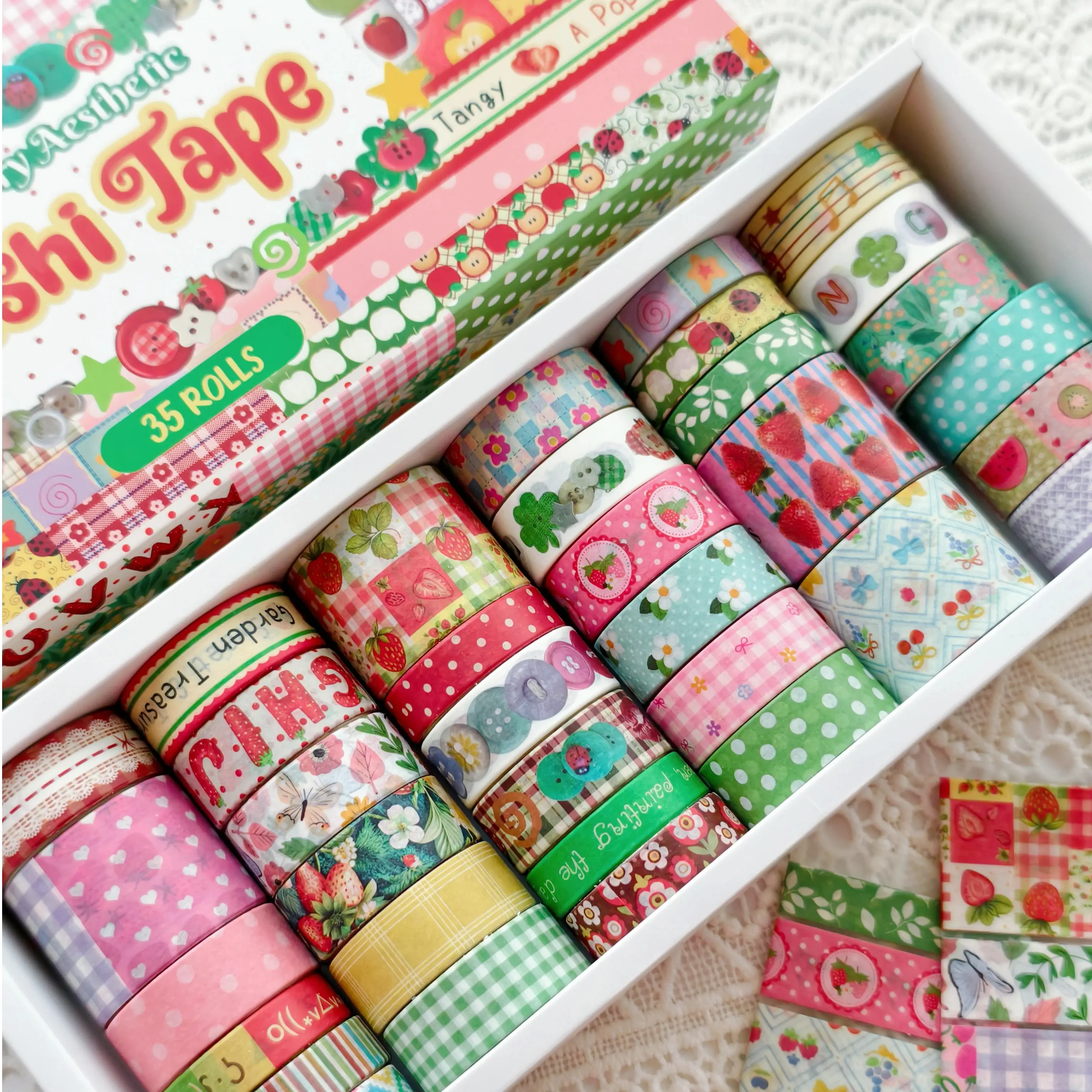 Coquette Bow & Strawberry Washi Tape Box Set - 35/42 Rolls with 10 Sample Cards, Kawaii Aesthetic Masking Tape for Junk Journal #Summervibes, Scrapbooking DIY Adhesive Strips