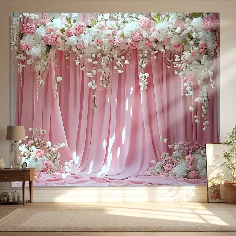 Blush Pink 2D Flat Flowers Polyester Reusable Backdrop Banner - Wedding Photography Decor Curtain, Birthday Live-streaming Background Wall Cloth, Indoor Hanging Decoration