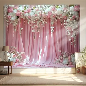 1PC,2D Flat Romantic Pink Floral Backdrop, Wedding Party Photography Decor Curtain, Internet Celebrity Live - streaming Background Wall Cloth, Indoor Decoration Hanging Cloth, Sweet Flower Cluster C