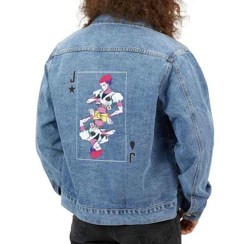 Men's Joker Playing Card Illustration Denim Jacket - Back Print, Streetwear Tops