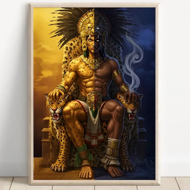 Aztec Wall Art, Tezcatlipoca Art, Aztec God of Night Decor, Aztec Mythology Artwork, Mexican Aztec Art, God of Darkness and Sorcery 24x36inch(60x90cm) Unframe Canvas Poster Colorful Gifts Room Decoration Ornaments Artistic Print Photo
