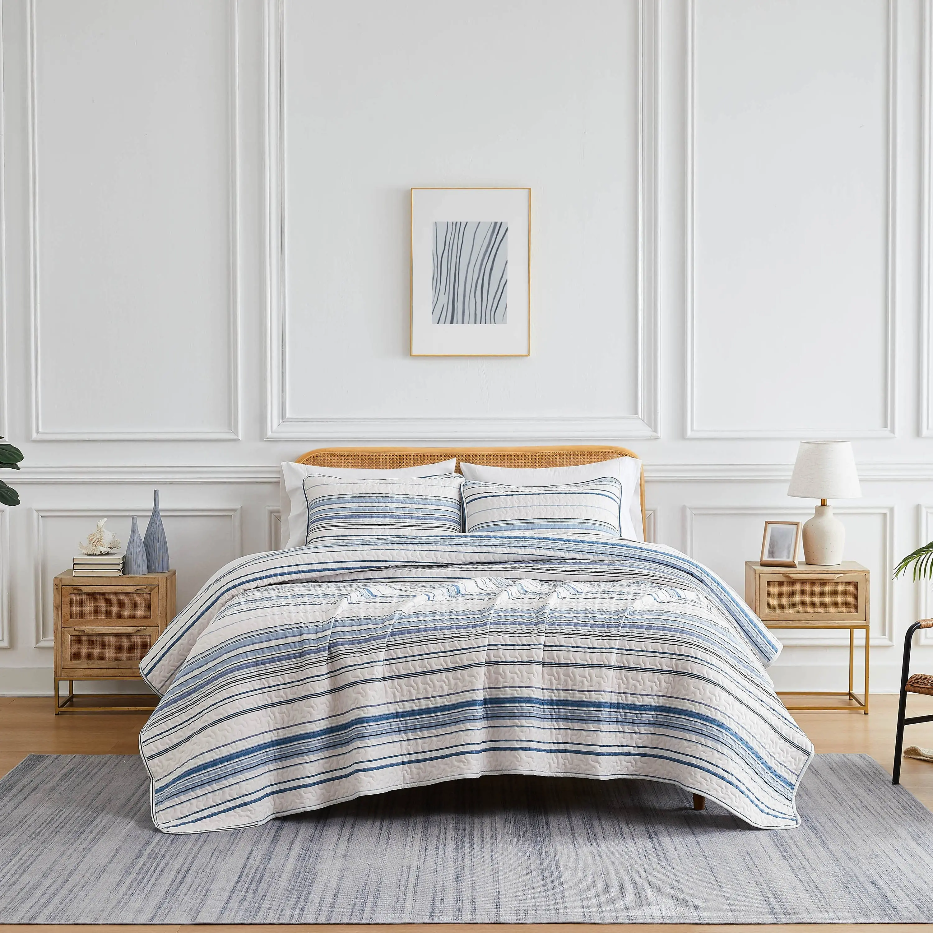 Striped Bedding Set - Quilted, Embroidered, Beach Theme, Wrinkle Resistant, Comfy Multi-Size Full/Queen Coastal Bedspread Set for Bedroom Use