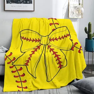 Baseball Bow Print Blanket, Soft Comfortable Flannel Material, Plush Fleece, Cozy Throw Blanket, Ideal for Air Conditioning, Sofa, Camping, Travel