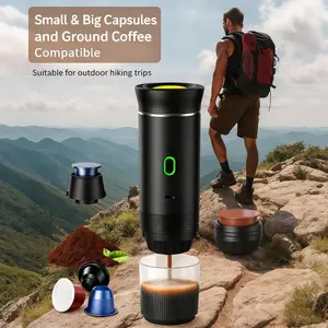 Portable 3-in-1 Coffee Maker — tiny but powerful. Works with large pods, small pods, and ground coffee. One button, 5 hot cups or 10+ quick brews per charge. Hot coffee in 5 minutes, anywhere you go.