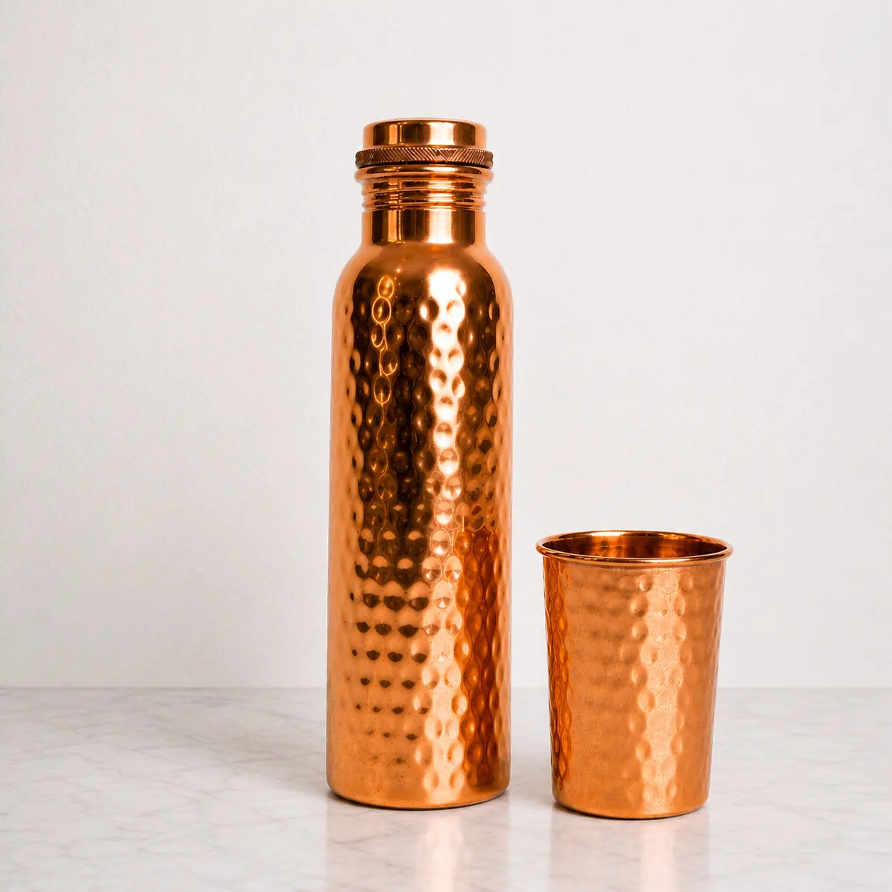 34oz Handmade Hammered Pure Copper Water Bottle & Copper Glass Set, Traditional Ayurvedic Eco-Friendly Reusable Kitchenware Drinkware, Lemon